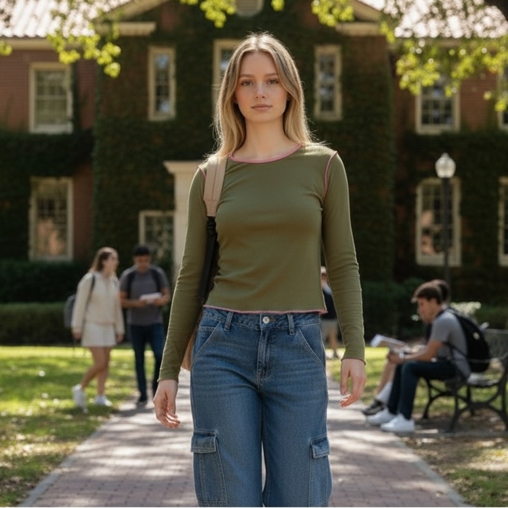 Madewell Womens green Contrast-Stitched Crewneck Crop Tee